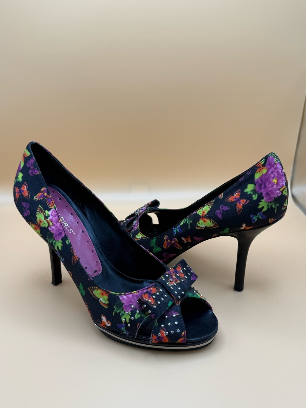 901-BCBGirls Navy Floral & Butterfly Peep-Toe Heels